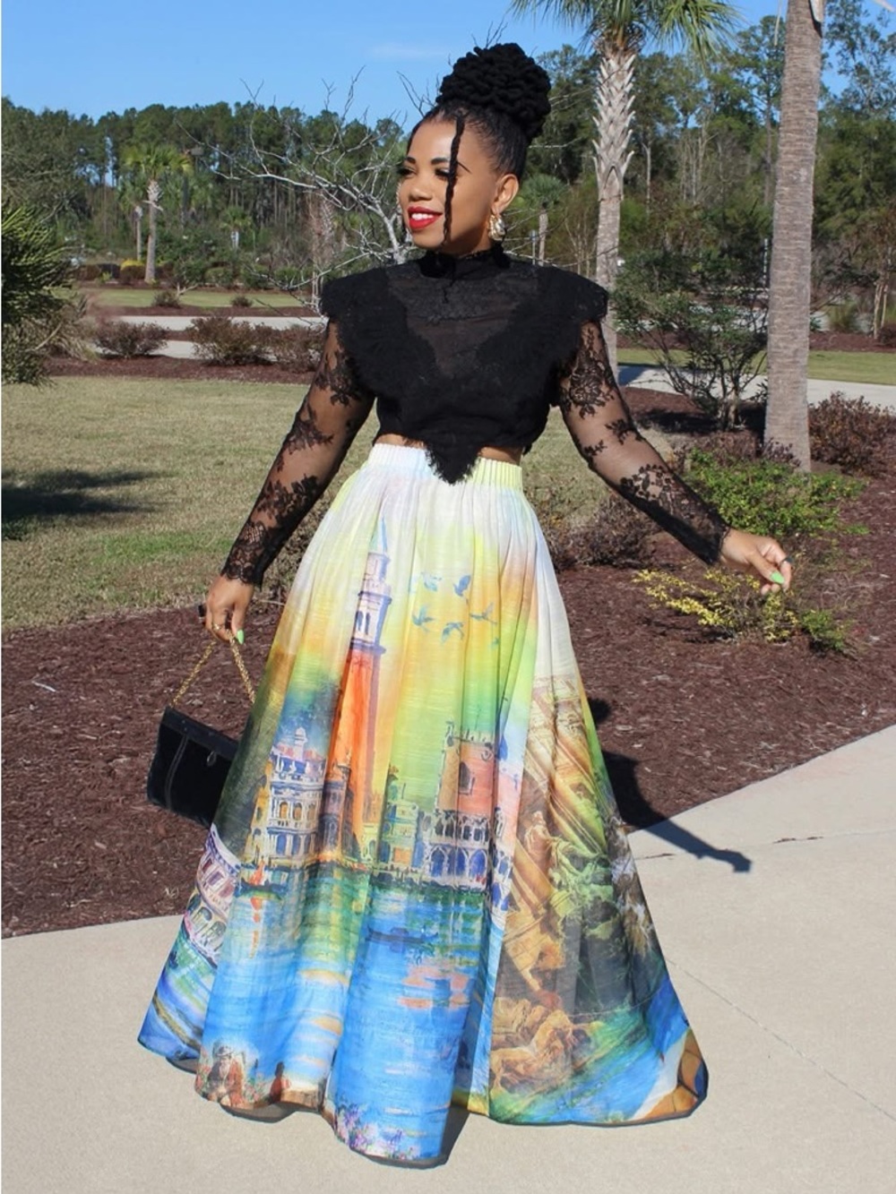 L'ATISTE Black Top with Multi-Color Scenic Maxi Dress With Lace Top